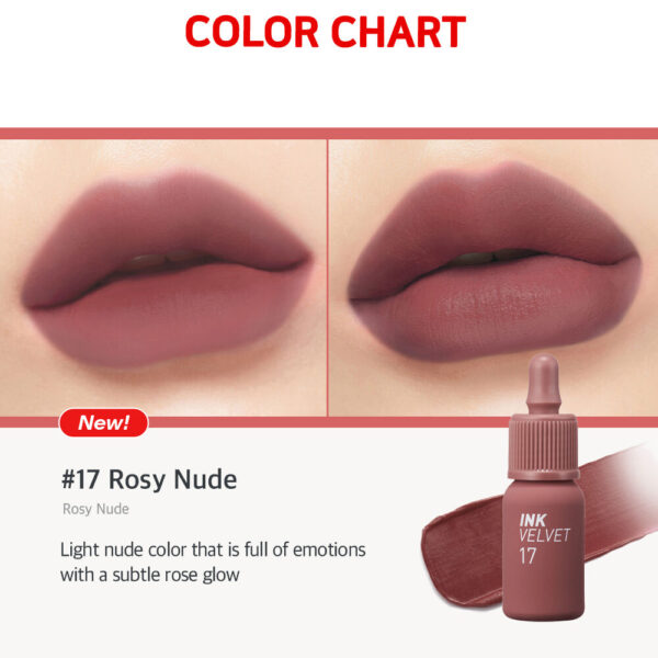 PERIPERA INK VELVET LIP TINT 17 ROSY NUDE - TINTA PARA LABIOS CON ACABADO VELVET. - Imagen 2