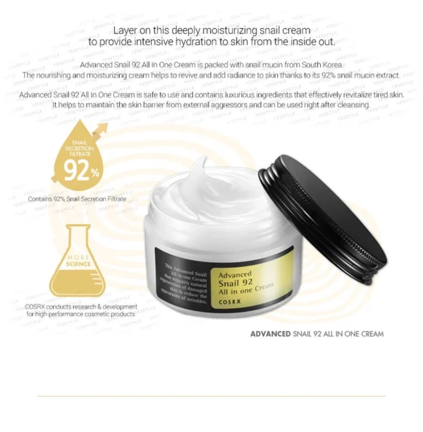 COSRX ADVANCED SNAIL 92 ALL IN ONE CREAM-CREMA HIDRATANTE DE MUCINA DE CARACOL - Imagen 4